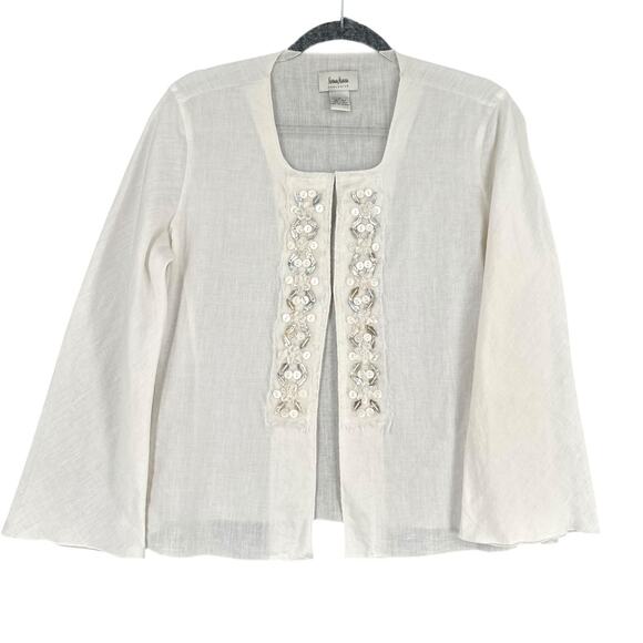 Neiman‎ Marcus White Beaded Long Sleeves Linen Hook & Eye Jacket Large - Picture 1 of 7
